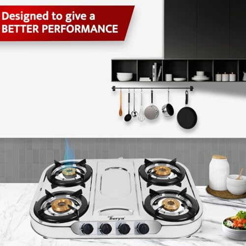 Image of GOLDEN SURYA Premium Stainless Steel | 4 Brass Burner | ISI Certified | 1 Year Warranty | Manual Ignition | PNG 4 Burner Gas Stove - Magma