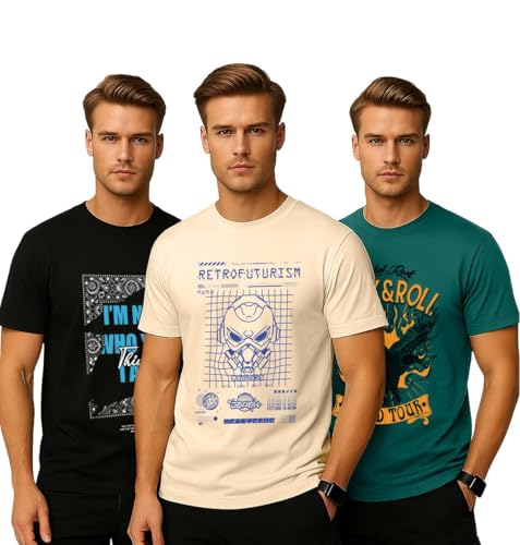 Image of Veirdo 100% Pure Cotton Regular Fit Aesthetic Graphic Printed Round Neck Half Sleeve T-Shirt Combo for Men (Pack of 3) (Green,Red,Swanwhite,Black,Navy Blue,White,Brown,Royal Blue)