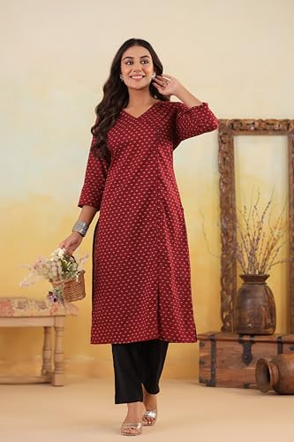 Image of Ichaa Women's Cotton Kurta | Printed Straight Kurta | V-Neck, 3 /4th Sleeve, Ethnic Wear