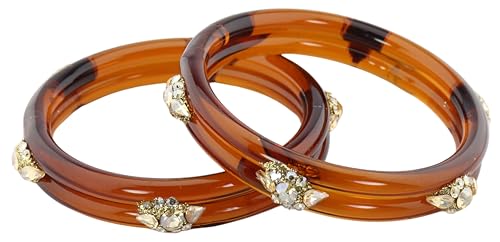 Image of NMII Diamond Glass Bangles Crystal Kada Set For Women & Girls Adorned with Golden Zircon Stones | Trending Girls Bangles Bracelet | Transparent Chudi Kangan For Wedding, Party, Daily, Ethnic- Set of 2