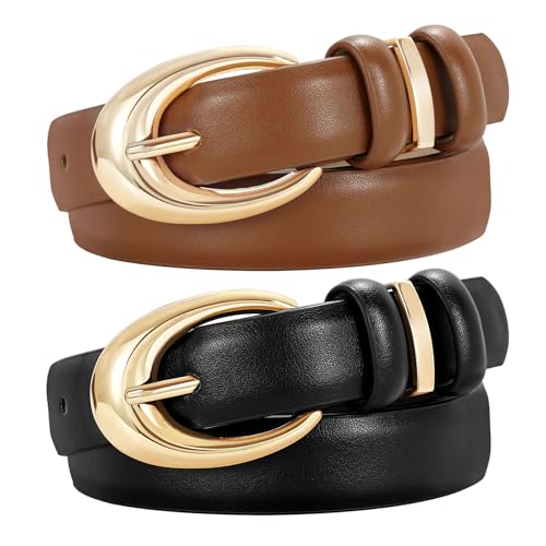 Image of TRIWORKS 2 Pack Women Leather Belt for Jeans Pants Fashion Ladies Faux Leather Belt with Gold Buckle