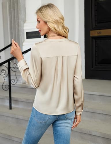 Blooming Jelly Womens Silk Business Dressy Casual Blouse Lace V Neck Long Sleeve Tops Work Shirt Fall Outfit 2025 Trendy3