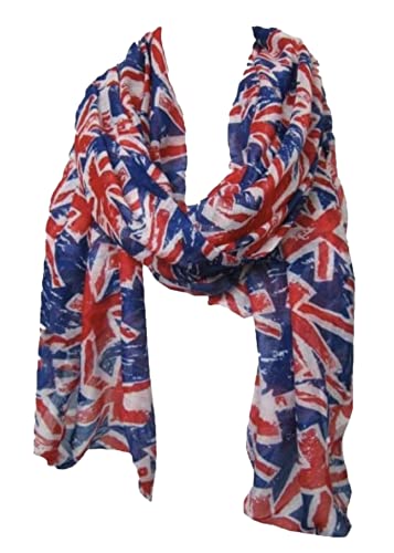 World of Shawls UK Flag Print Scarf Union Jack Womens London Fashion Denim Blue (Blue & Red)