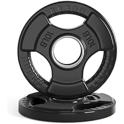 LIONSCOOL 2-Inch Olympic Rubber Grip Weight Plates, Cast Iron, 2.5-45 LB | Solid Iron Core, Rubber Coating, 3 Grip Holes, Barbell Plates in Single/Pair/Set, Home Gym Strength Training, 1-Year Warranty