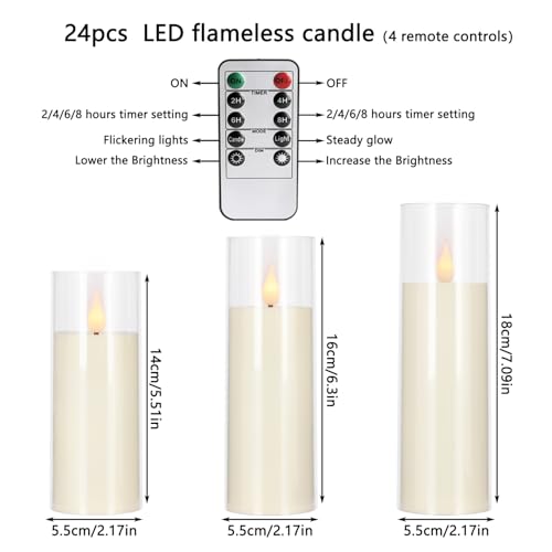 Image of 24-Pack LED Flameless Candles(14 /16 /18cm) with 4 Timers Remote - 3D Flickering Flame, Clear, Perfect Decor for Home & Events.