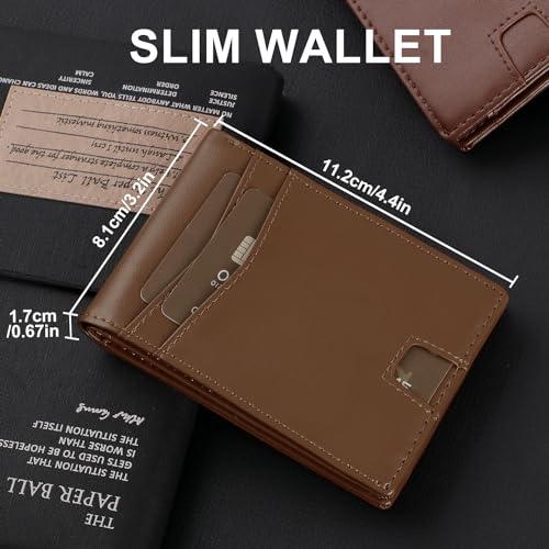 Men's Genuine Leather RFID Blocking Slim Wallet Pop-Up Card Holder 9-12 Card Capacity ID Window & Cash Slot (Dark Brown)3