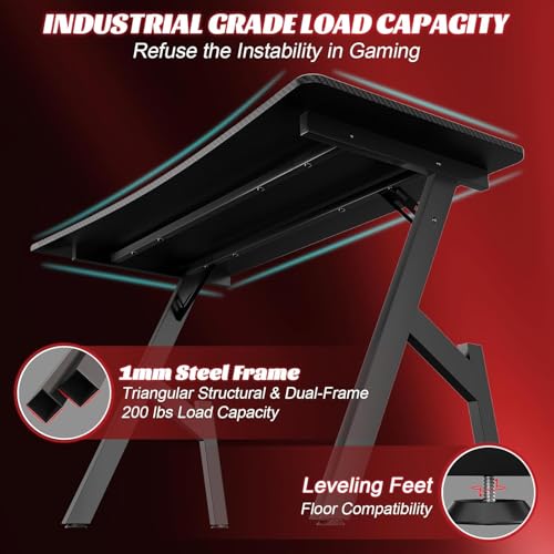 Image of HLDIRECT 40 Inch Gaming Desk, Small Computer Gaming Desk Table with Cable Management, Ergonomic A Shape Modern Carbon Fiber Gamer Table Pc Workstation Home Office Desks for Small Space, Black