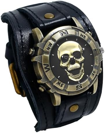 Avaner Vintage Punk Leather Watches: Retro Bronze Skull Wide Band...