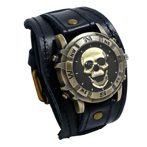 JewelryWe Montre Homme Cuir Crâne: Montre Homme Bracelet Cuir Large avec Cadran Tête de Mort Bronze Vintage Gothique Punk Biker Montre Poignet de Force...