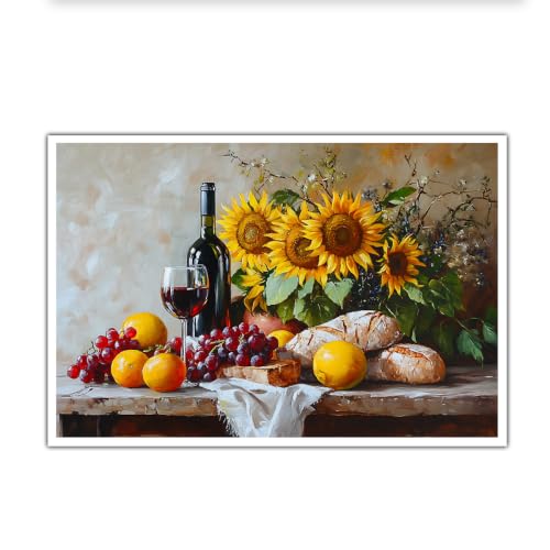 CHERHERART Cartel de naturaleza muerta de vino girasol Clásico rústico lienzo de viñedo Decoración mural Grabados cálidos de otoño para comedor Cocina 70x110cm sin marco