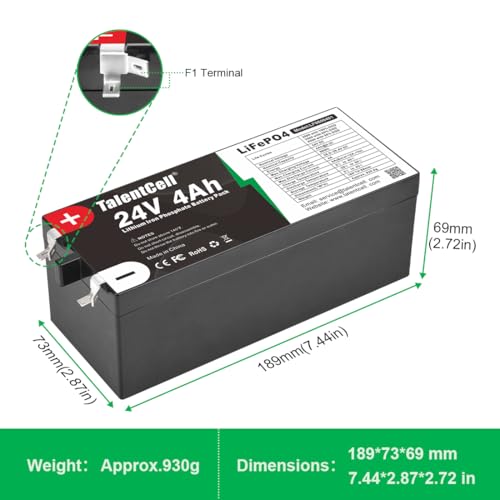 TalentCell 24V 4Ah LiFePO4-Akku, 96Wh Deep Cycle Wiederaufladbar Lithium-Eisenphosphat-Batterie für Trolling Motor, RV, Toy Car, Camping, Solar System, DIY Project