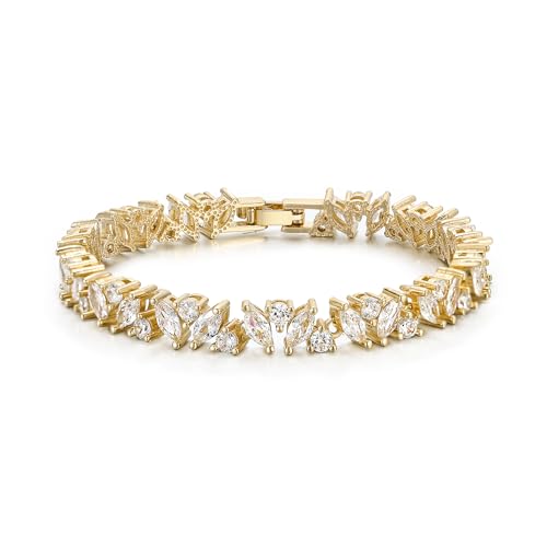 EVER FAITH Gorgeous Marquise Cubic Zirconia Wedding Tennis Bracelet for Bride Bridesmaid, Elegant Gold Plated Round Stone Bridal Lightweight Prom Accessories Jewelry for Women