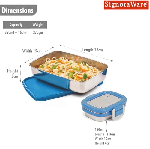 Image of SignoraWare Munch Mate Stainless Steel Lunch Box | Airtight & Leakproof | Durable & Compact | Easy to Carry | Ideal Tiffin for Office, School & Travel (850ml + 160ml | TBlue)