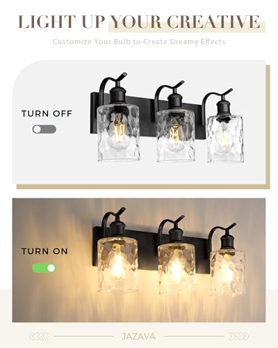Image of Bathroom Vanity Light Fixtures Over Mirror 3-Light Hammered Glass Wall Mounted Modern Black - VL01BKH-3