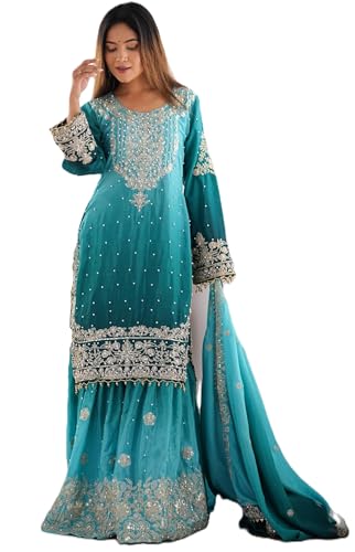 Image of Pandadi Saree Women's Chinon Silk Embroidery Kurta Sharara Set With Dupatta.