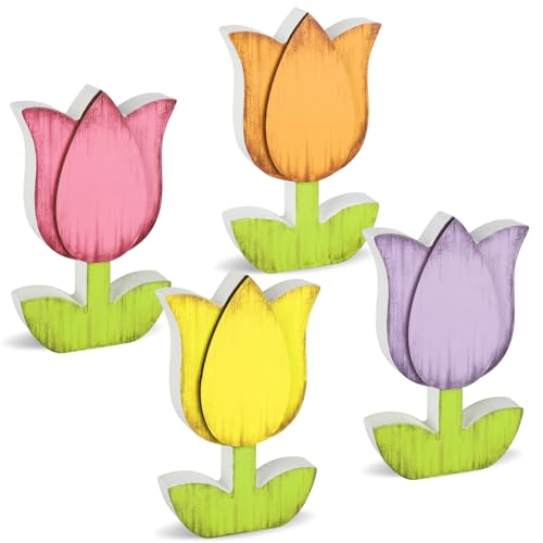 4Pcs Spring Decorations for Home Tulips Wooden Table Signs Rustic Spring Decor Colorful Floral Tabletop Centerpiece Retro Farmhouse Floral Block Sign Flower Tabletop Decor for Home Office Tiered Trays