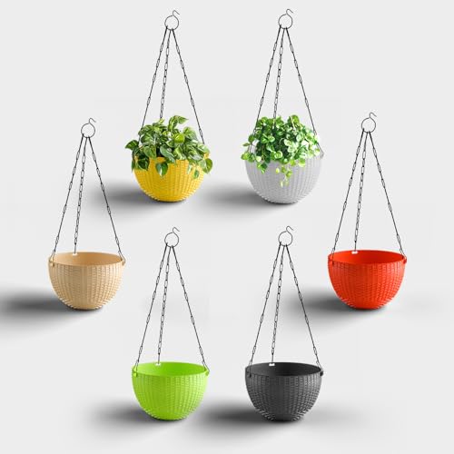 Image of YUCCABE ITALIA SHERA URO-Basket Plastic Flower Pot, Multicolor, 8 Inch | 6 Pieces, Drainage Holes, Round Planter, Indoor Outdoor Suitable