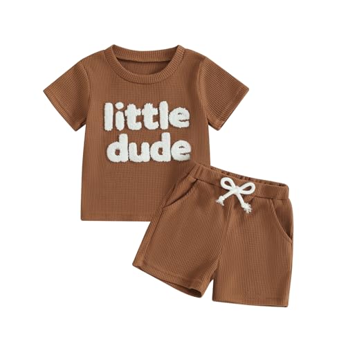 Image of Blotona Embroidery Baby Boy Clothes Summer Short Sleeve Little Dude Print T-Shirt Tops Shorts Set Waffle Knit Outfit