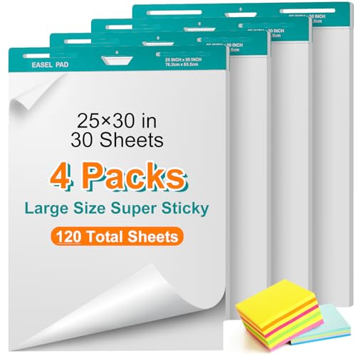 VinTS 4 Pack Sticky Easel Pads,25 x 30 In Self Stick White Easel Paper,Large Premium Anchor Chart Paper,30 Sheets/Pad Flip Chart Paper for Teachers, Office,Business,White Board