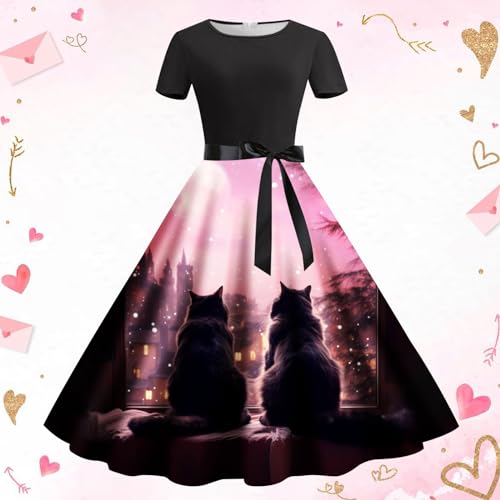 Robe décontractée chat rose XL pour femme | Col rond et manches courtes - 2