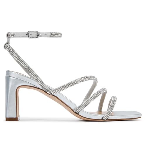CosyFever Womens Rhinestone Sandals Ankle Strap Square Toe Dressy Heels Shoes for Party Wedding Dressy Dating2