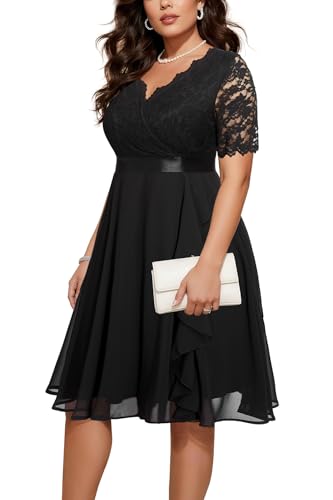 Plus Size Wedding Guest Dress - Formal Cocktail Party Ruffle Elegant Tea Length Lace Chiffon V Neck Midi Dresses