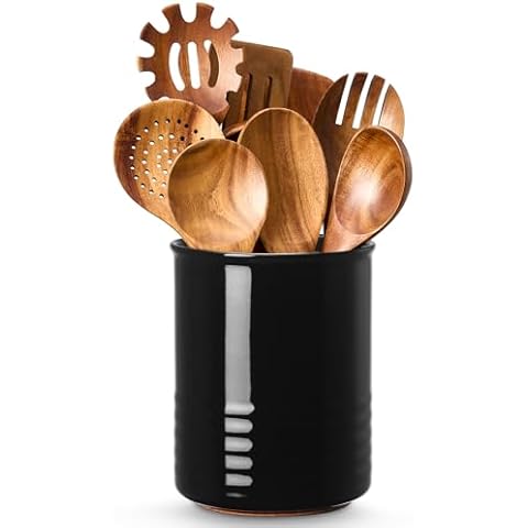 ABRUTY Utensil Holder, 6.7" Ceramic Kitchen Utensil Crock for Countertop Cooking, Modern Utensil Caddy Jar Organizer for Farmhouse Kitchen Counter Decor (Black) Cover