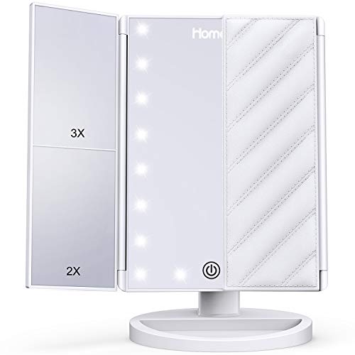 HOMEVER Espejo de Maquillaje 1X/2X/3X Lupa iluminada Maquillaje Tri-Fold Vanity Luces 180 ° Libre rotación Pantalla táctil Dimming Tabletop Beauty Mirror (Blanco)
