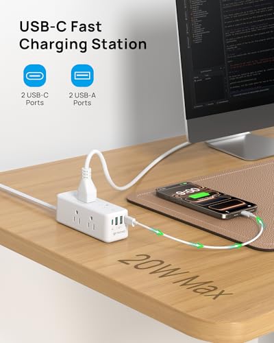 Image of TROND 360 Rotating Plug Surge Protector Power Strip with USB C PD20W, White | 6 Widely Spaced Outlets, 1440J Surge Protection, Wall-Mountable Design, 10ft Flat Extension Cord for Home Office Dormitory