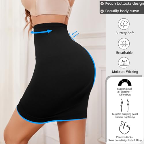 KOEMCY Shapewear Damen Hohe Taille Butt Lifter Miederröcke Nahtlose Sexy Elegant Unterröcke Figurformend Unterrock Halbrock Bauch Weg Halb Full Slip (Schwarz/XL)