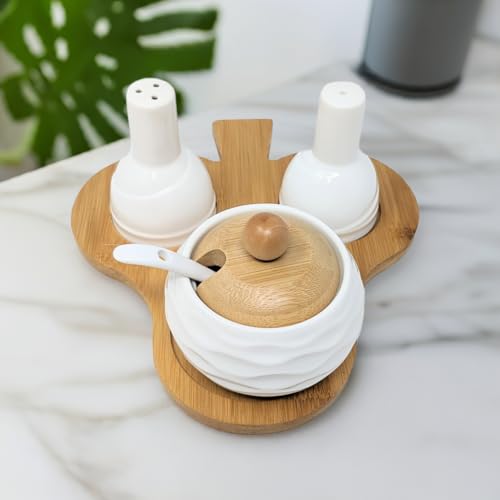 Juego de condimentos de cerámica con base de bambú, salero y pimentero con tarro de azúcar, cuchara y tapa de madera, organizador de mesa de cocina y comedor JR5002