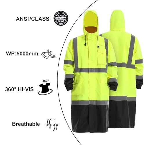 Image of Reflective Rain jackets for men waterproof,Hi Vis Rain Coat With 3M Reflective Strips，High Visibility Class 3 Rain Gear With 2 large pockets，Zipper,Black Bottom Lime，Medium