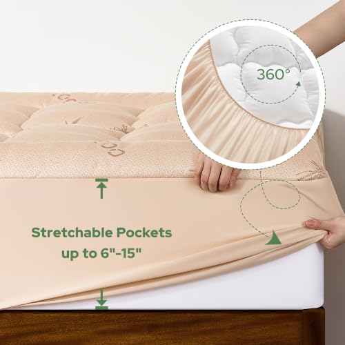 Image of BEDLORE Twin XL Mattress Topper Viscose Bamboo, Pillow Top Mattress Pad | Deep Pockets Fit 6 inch-15 inch Mattress, Soft Breathable Thick Dorm-Size Mattress Topper for Students and Hot Sleepers(Beige)