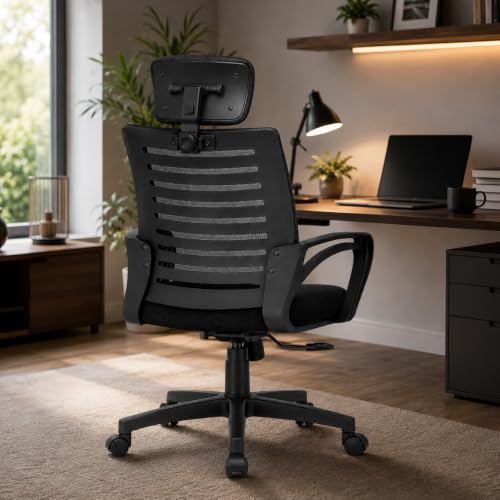 Image of Varaha Aroha BIS Certified Ergonomic Headrest Study Chair for Home & Office | Breathable Air Mesh Back Computer Desk Chair with Adjustable Support, Tilt Lock, Gas Lift | Heavy Duty Nylon Base | Black