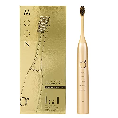 MOON Sonic Electric Toothbrush for Adults & Teens, Gold, 5 Smart Modes, Clean, White, Massage, Polish & Sensitive, Rechargeable with Travel Case & 2 Brush Heads, Industry-Leading 6 Week Charge