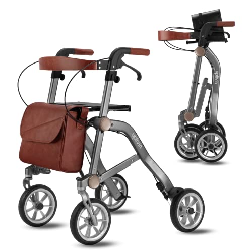 Uplivin Trive Rollator with Wider Seat - 1 Step Double Folding || 4 Wheel Rollator || Lightweight 6.5kg || Aluminum Mobility Walker || Oxidised Surface Finish for Metallic Look (Grey)