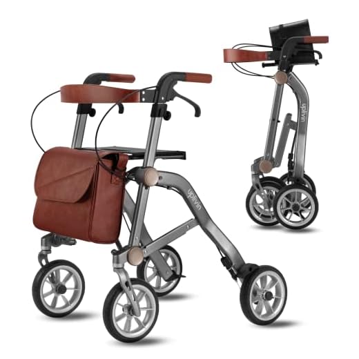 Uplivin Trive Rollator with Wider Seat - 1 Step Double Folding || 4 Wheel Rollator || Lightweight 6.5kg || Aluminum Mobility Walker || Oxidised Surface Finish for Metallic Look (Grey)