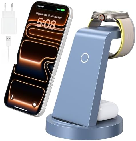 3 in 1 für iPhone Ladestation Induktive Wireless Charger | für iPhone 17 16 15 14 13 12 & für Apple Watch, für AirPods mit 18W Adapter, Ohne Kabelchaos für Zuhause und Reisen, Blau