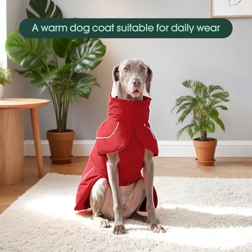 Kuoser Hundemantel Hundejacke, Warme Hundejacke für Große Hunde, Wasserdicht, Mit Reflektierendem Streifen & Leinenöffnung, Leichtes Anziehen durch Klettverschluss, Rot 2XL