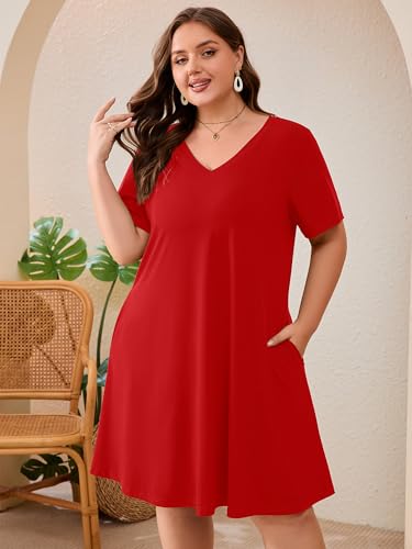 Image of AusLook Plus Size Midi Dress for Women Loose V Neck Short Sleeve Summer Casual A Line T Shirt Sundresses with Pockets 1X-5X