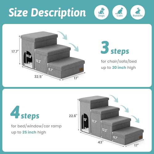 Image of Dog Stairs with Storage, 4-Step Wider Sturdy Dog Steps for Small /Medium /Large Dogs and Older Cats, Doggie Ramp with Condo for Bed /Couch /Car Hold Up to 180 lbs (22.6 inch H, Grey)