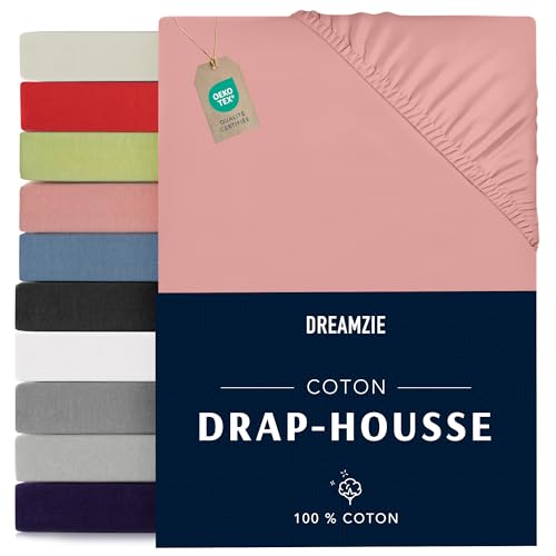 Dreamzie - Drap Housse 90x190/200-100% Jersey Coton Certifié Oeko Tex - Rose - Drap Housse 90x190/200 Coton