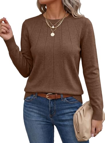 SHEWIN Fall Sweaters for Women 2026 Casual Long Sleeve Pullover Tops Loose Crew Neck Lightweight Knit Sweater Womens Clothing,US 8-10(M),Coffee