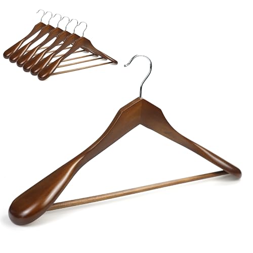 木製ハンガー スーツ ジャケット コート かたくずれ防止 滑り止め加工バー スーツハンガー 360度回転 コンパクト設計(45×24×5.5cm) クローゼット収納に最適 6本組 天然の美しい木目 ダークブラウン