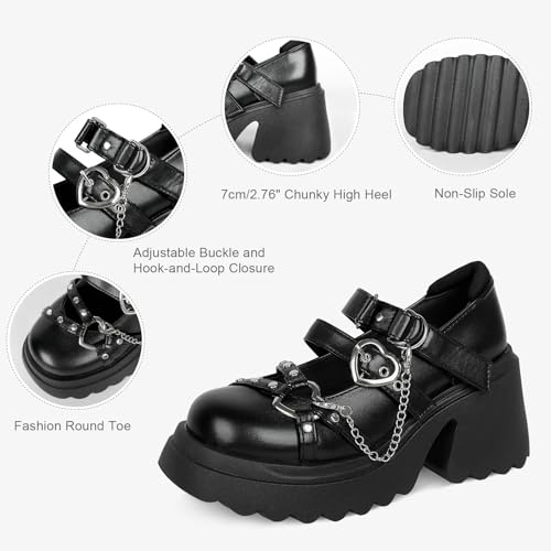 Image of Parisuit Womens Goth Platform Mary Janes Heels Buckle Chain Punk Cosplay Shoes Ankle Strap Chunky Heel Round Toe Pumps