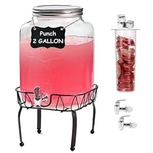 2 Gallon Sun Tea Glass Jar for Outside, Lemonade Dispenser 2 Press-Spigots(Easy for kids) Juice Dispensers for Parties, Jarras Para Aguas Frescas Beverage Dispensers with Stand Drink Dispensers