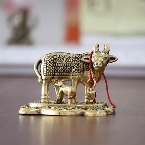 Image of KridayKraft Kamdhenu Cow with Calf Metal Rajasthani Handicrafts Decorative Showpiece for Gifting Anniversary Valentine's Day (Golden)