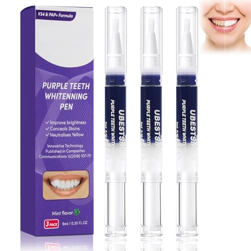 Teeth Whitening Pen - 3Pcs Purple Teeth Whitening Gel Pens, Fast-Acting Stain Remover for Teeth, Tooth Whitening Kit for Coffee & Tea Stains, Safe & Easy at-Home Brightening, Neutralises Yellow