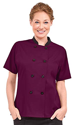 Women’s Lightweight Short Sleeve Chef Coat (XS-3X, 3 Colors) (Large, Wine/Black)