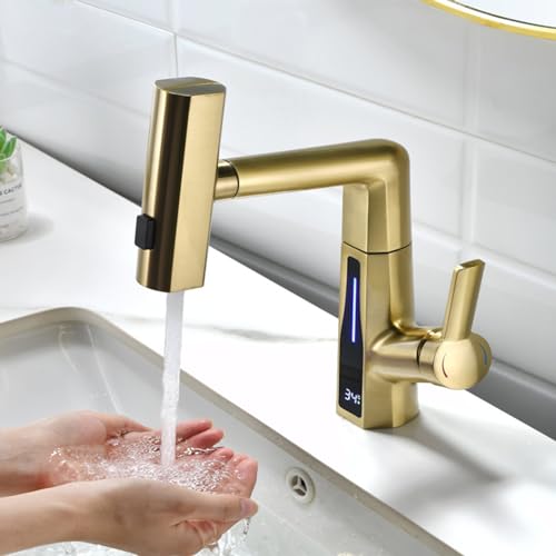 Robinet de salle de bain cascade gris au design architectural et écran numérique